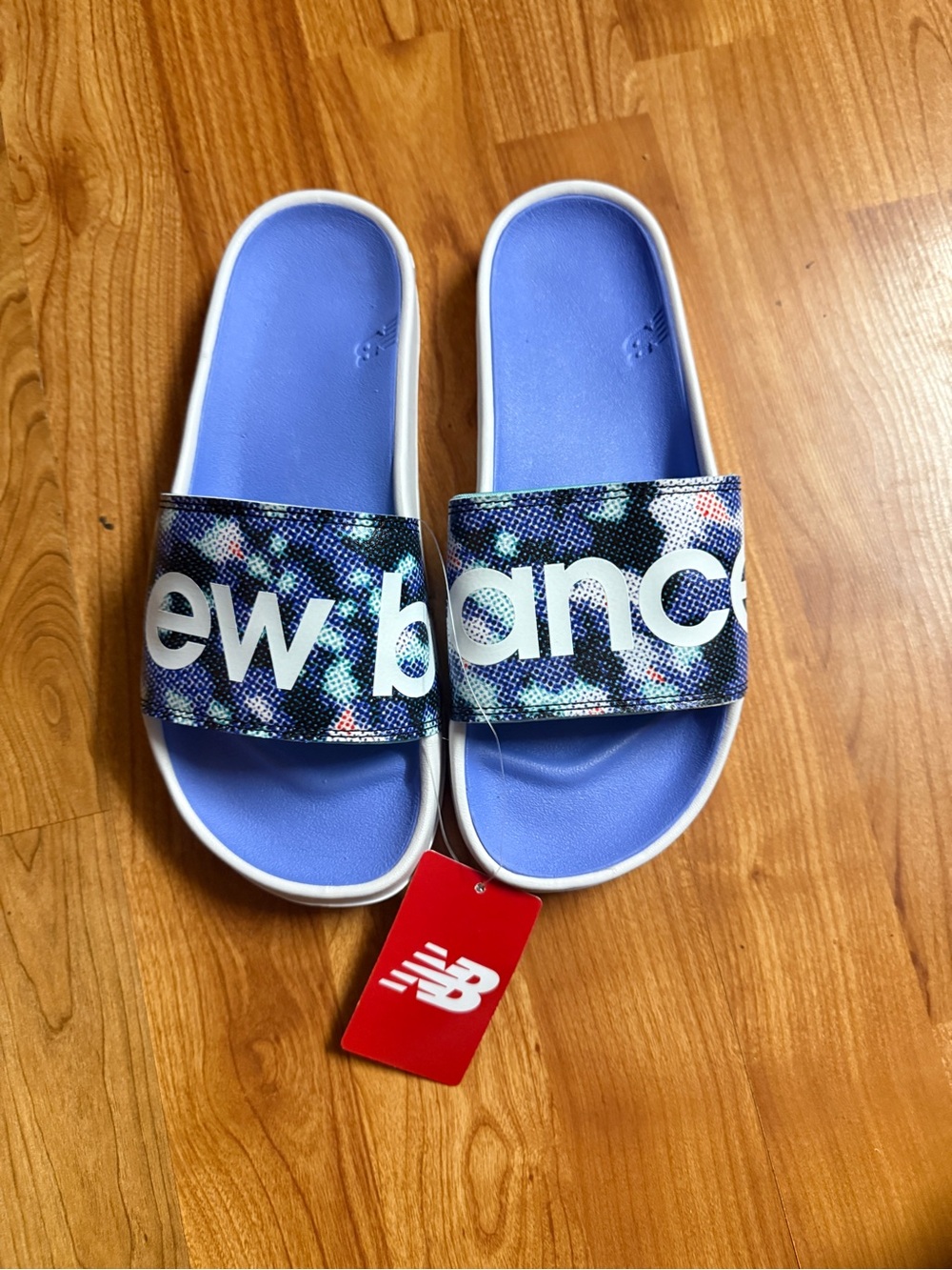 New Balance Lavender Slide Sandals with Multicolor Patterned Strap